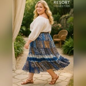 Patchwork Maxi Skirt Crinkled Chiffon Blue Brown Tiered Lined Chico’s Size 1 / 8
